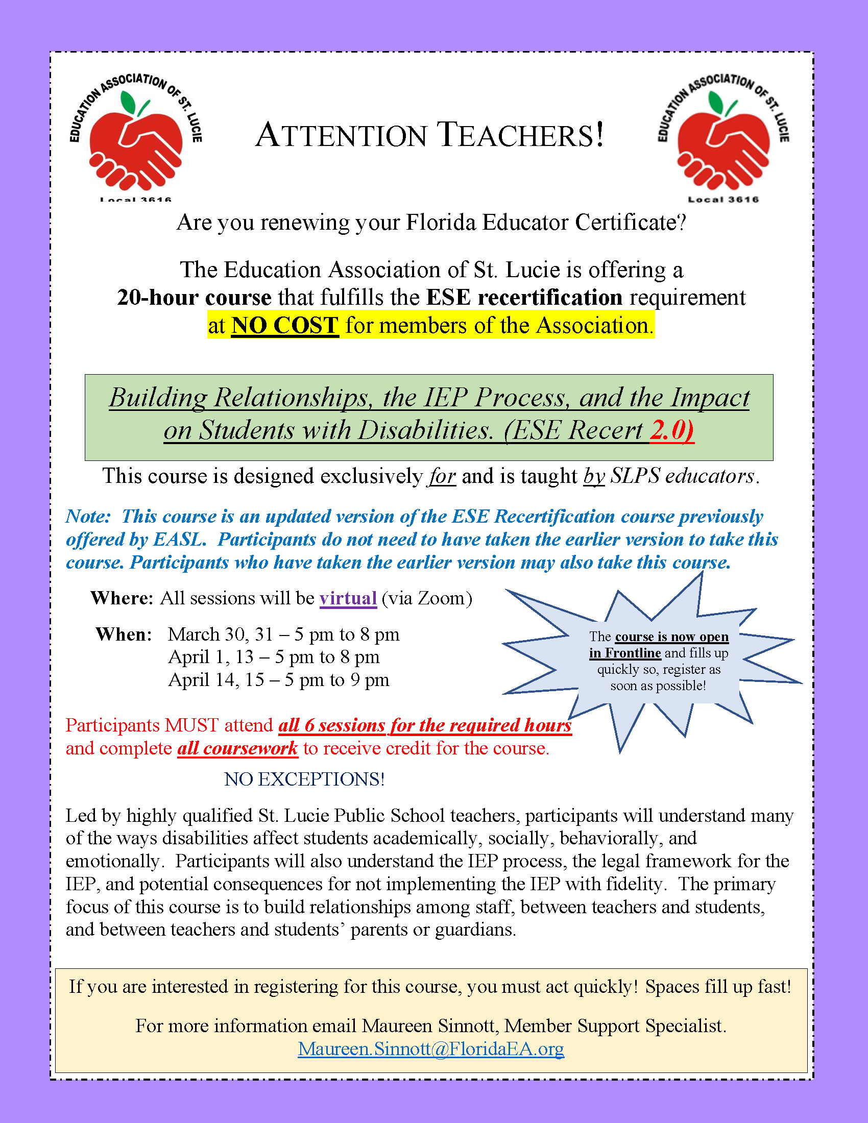 ESE Recertification 2.0 professional development flyer