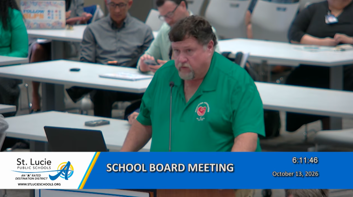 EASL President David Freeland addressing the St. Lucie County School Board on October 13, 2026