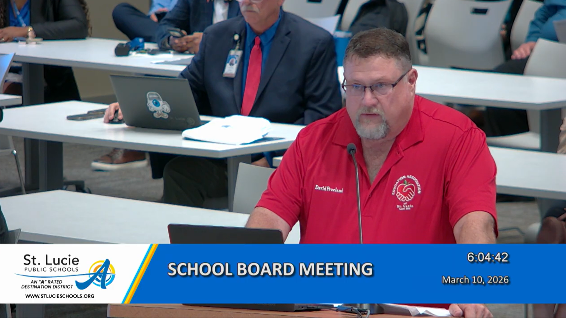 EASL President addressing the St. Lucie County School Board on March 10, 2026