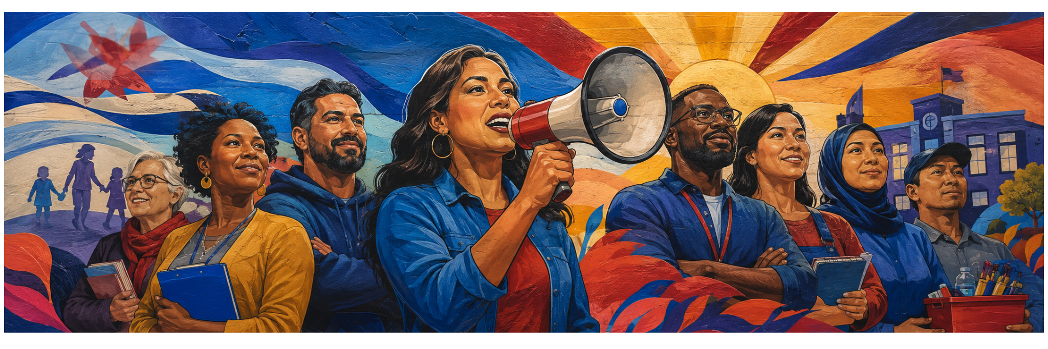 Urban mural art showing educators and education support professionals standing together in solidarity